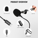 NEEWER Mini Micrófono de Solapa USB C, 2 Pack Compatible con iPhone 16 15 Pro MAX, Teléfono Android, Tableta, PC, Micrófono de Solapa de Condensador Omnidireccional con Clip y Cable de 2m/6.6ft