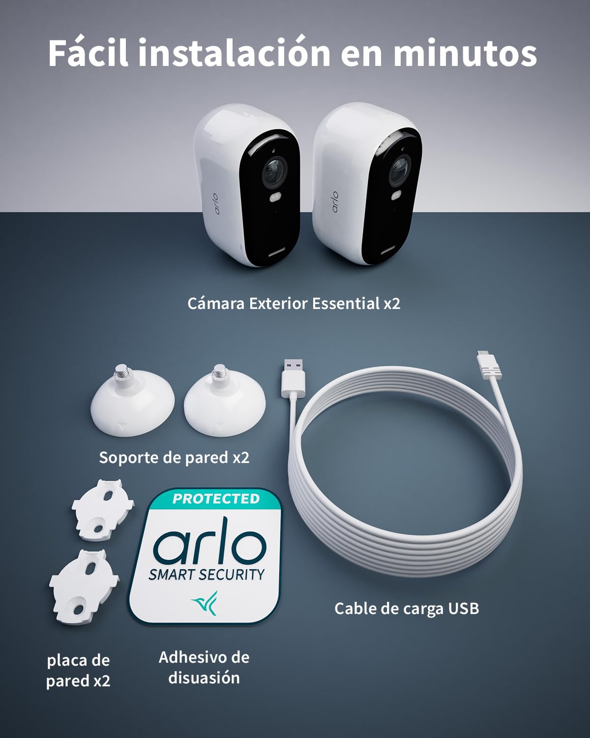 Arlo Essential 2 Camara Vigilancia WiFi Exterior HD, Camara Vigilancia WiFi Interior, Sensor de Movimiento, Alarmas Para Casa, Visión Nocturna En Color, Prueba Arlo Secure Incluida, 2 Cámaras, Blancas