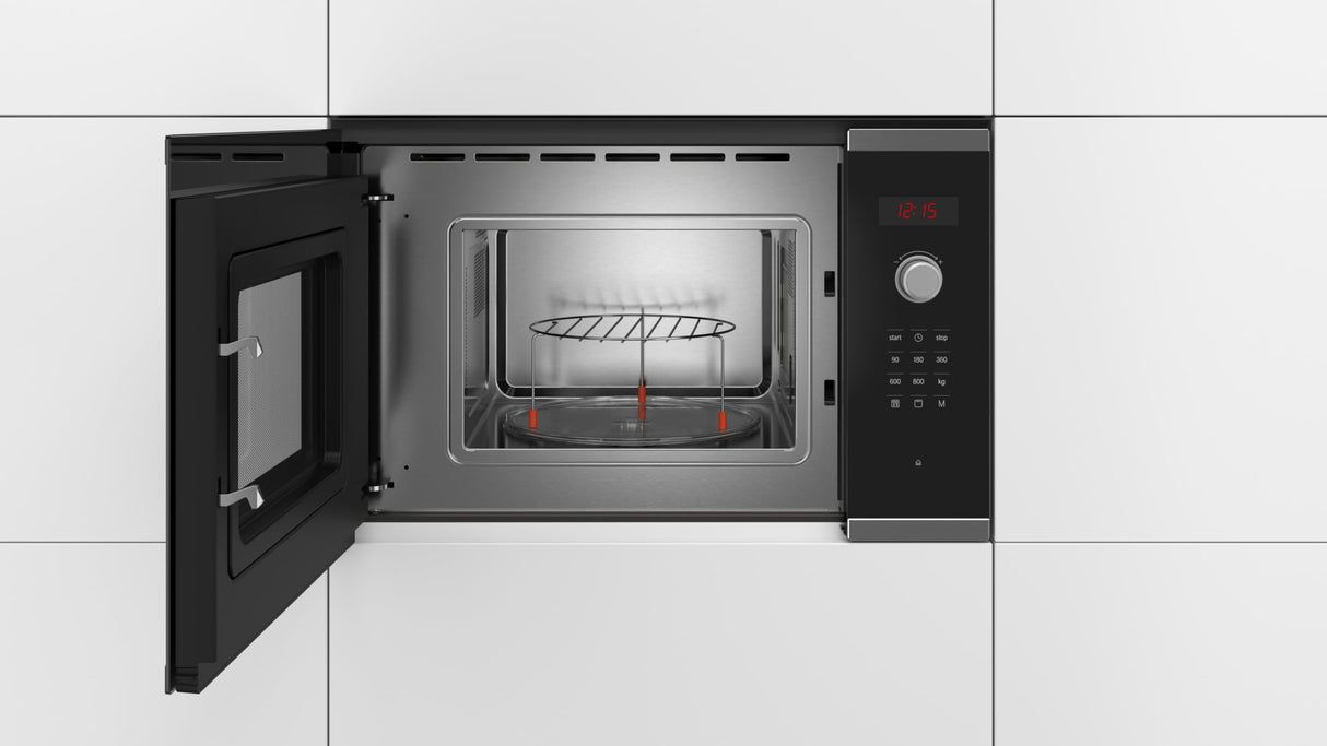 Bosch - Microondas Integrable, 800 W, 20 litros, Serie 4, Grill, Negro/Inox, BEL523MS0