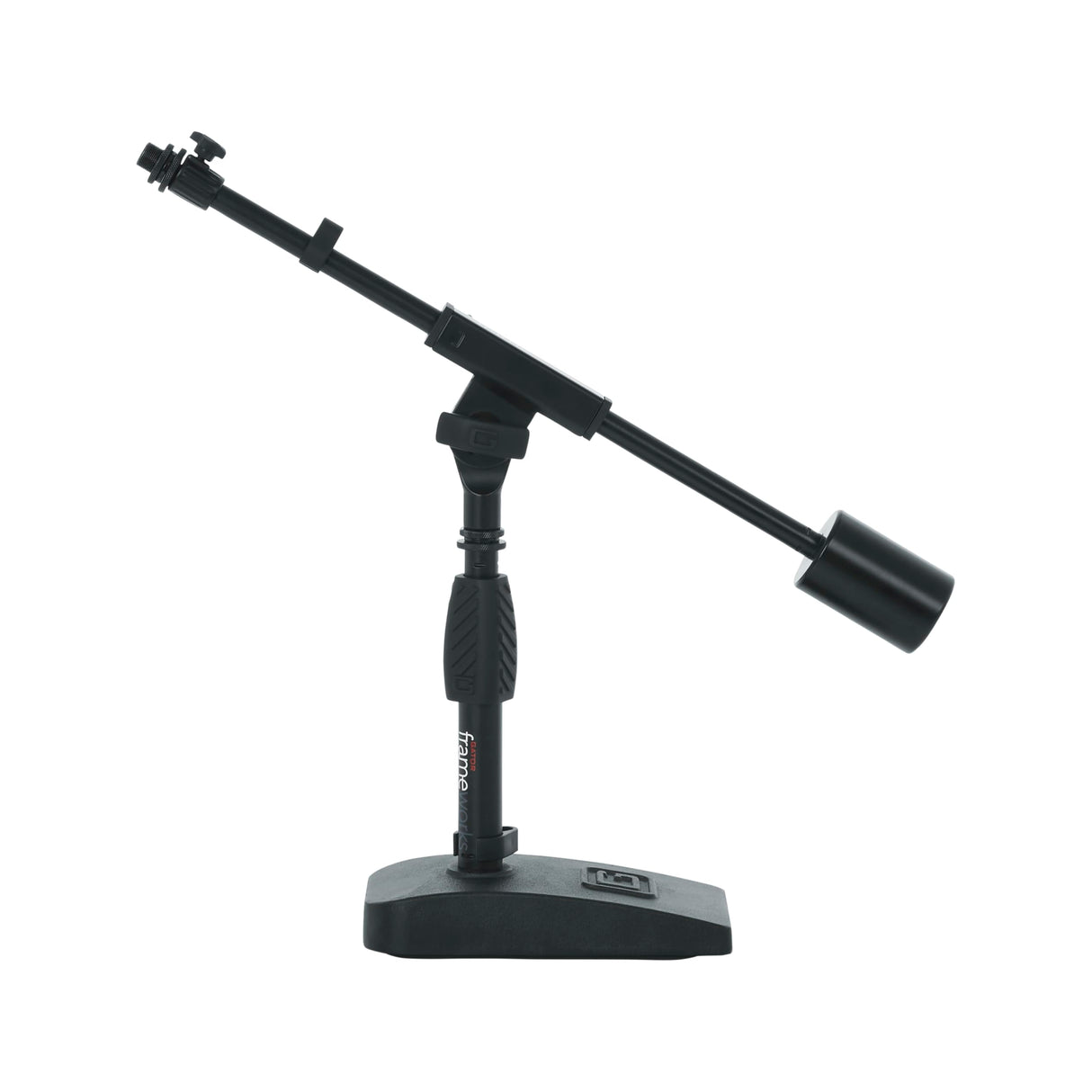 Gator Frameworks - Soporte de micrófono de base corta con peso con brazo telescópico y peso de contador de 2.5 libras; ideal para escritorio, grabación y transmisión (GFW-MIC-0822)