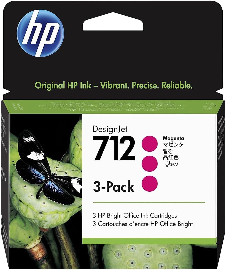 HP 712 3ED78A Magenta, Paquete de 3 Cartuchos de Tinta Original HP, de 29ml, para Impresoras Plotter de Gran Formato HP DesignJet Series T650, T630, T250, T230 y Studio y Cabezal de Impresión HP 713