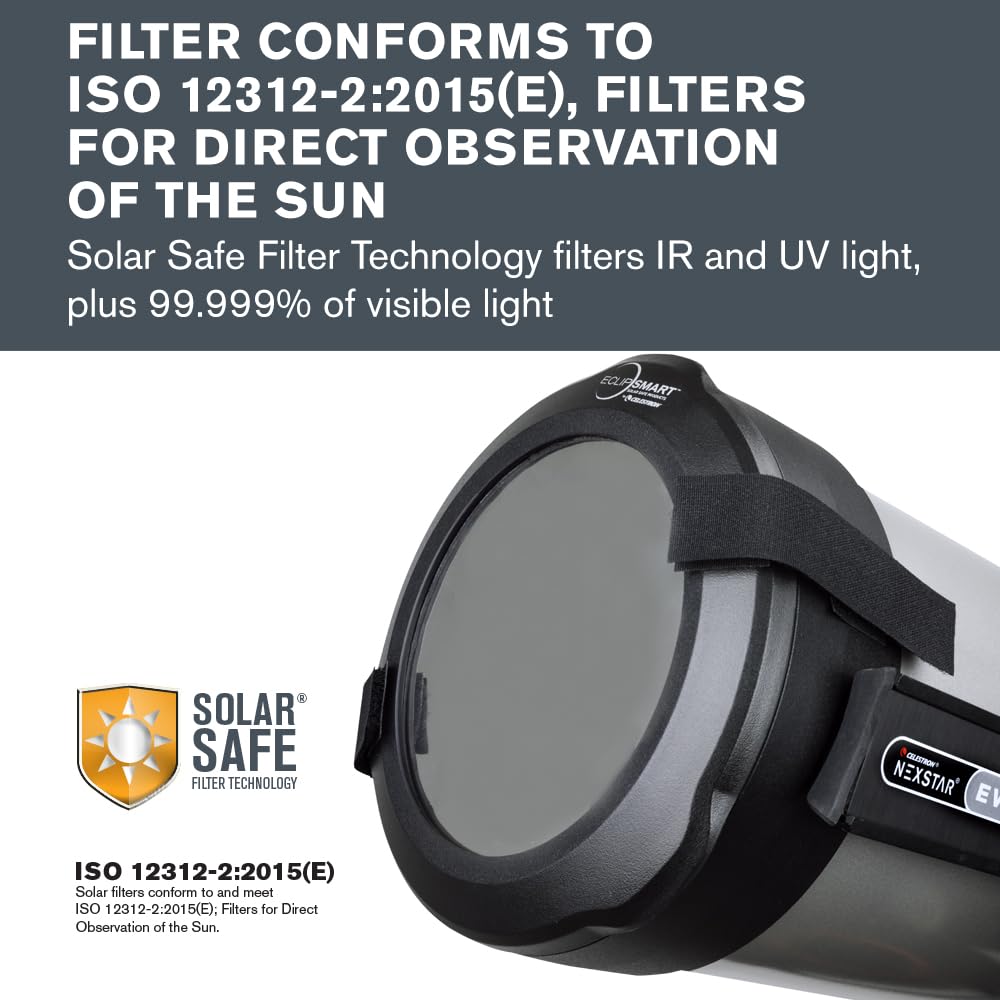 Celestron 94244 EclipSmart Solar Eclipse Filtro para telescopio – Cumple con la Norma ISO 12312-2, acople Seguro con película con protección Solar, para telescopios Schmidt-Cassegrain de 8”, Negro
