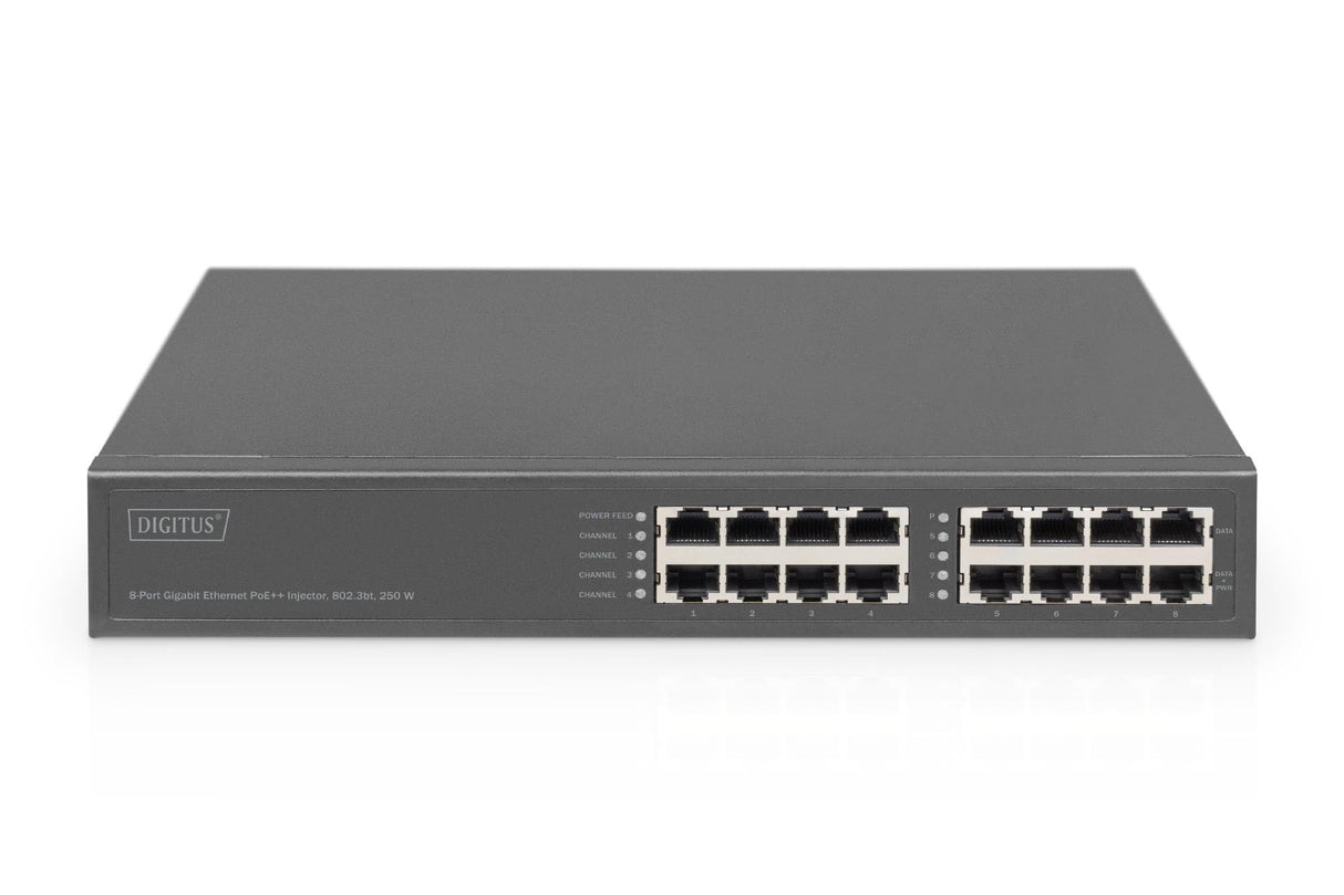 DIGITUS Inyector PoE+ - 8 Puertos RJ45 - Gigabit - IEEE802.3bt - presupuesto PoE 250W - tensión de Salida 54VDC - 10/100/1000 Mbit/s - Alcance 100m - Plug & Play - Negro