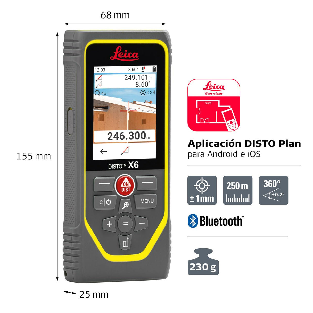 Leica DISTO X6: Resistente medidor láser de Distancia (IP65) con Bluetooth y cámara de Puntero láser para mediciones de Distancia bajo Las Condiciones más Adversas (Interiores y Exteriores)