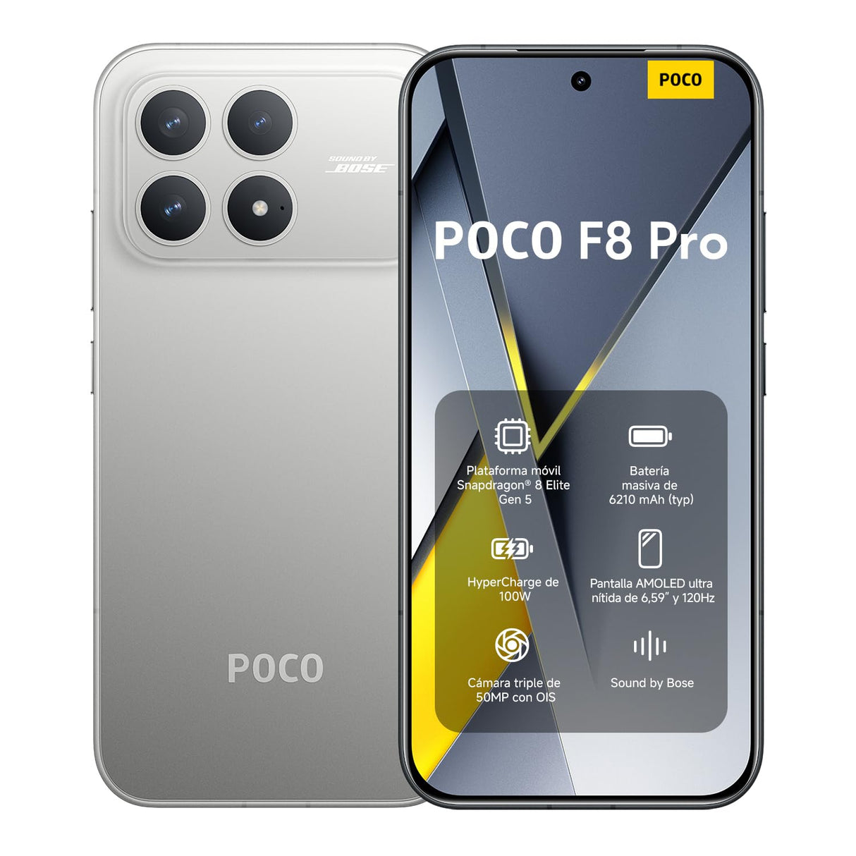 XIAOMI POCO F8 Pro - Smartphone de 12+512GB, Triple cámara de 50MP con OIS, Pantalla AMOLED de 6,59” 120Hz, Snapdragon 8 Elite, Hypercharge 100W, Cargador no Incluido, Plata Titanio (Versión ES)