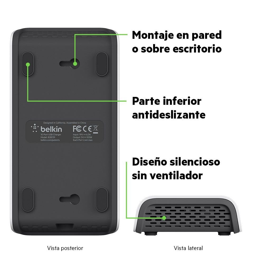Belkin Rockstar - Cargador de 10 Puertos USB-A, Carga rápida de 2.4 A por Puerto, protección contra sobretensiones integrada, Color Blanco