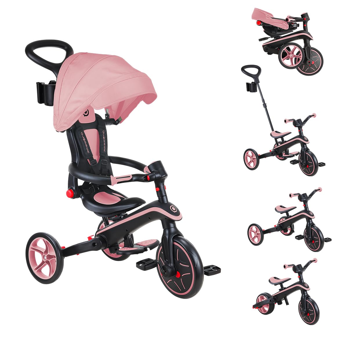 Globber Tricycle Explorer 4 en 1 - Triciclo Plegable y escalable en draisiana para niños de 10 Meses a 5 años - Pastel Rose