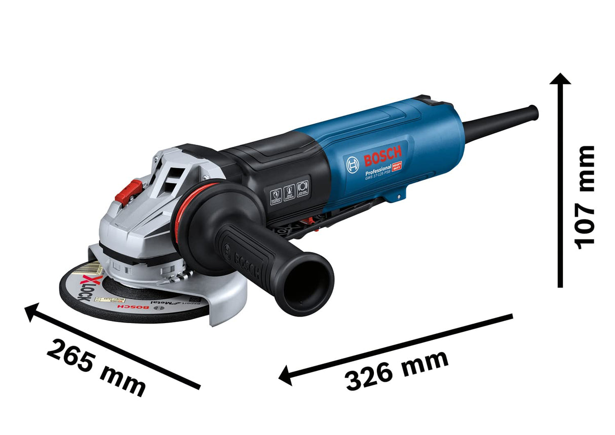 Bosch Professional GWS 17-125 PSB - Amoladora angular ( Ø 125 mm, 1700W, hombre muerto, vel. regulable 2800 - 11500 rpm, freno)