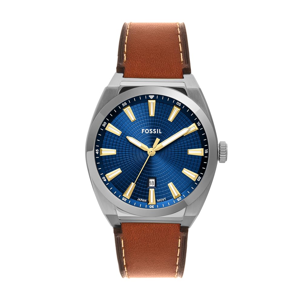 Fossil Reloj Everett para Hombre, Movimiento de Cuarzo con Fecha a Tres Agujas y Correa de Piel o Acero, Marrón y Azul