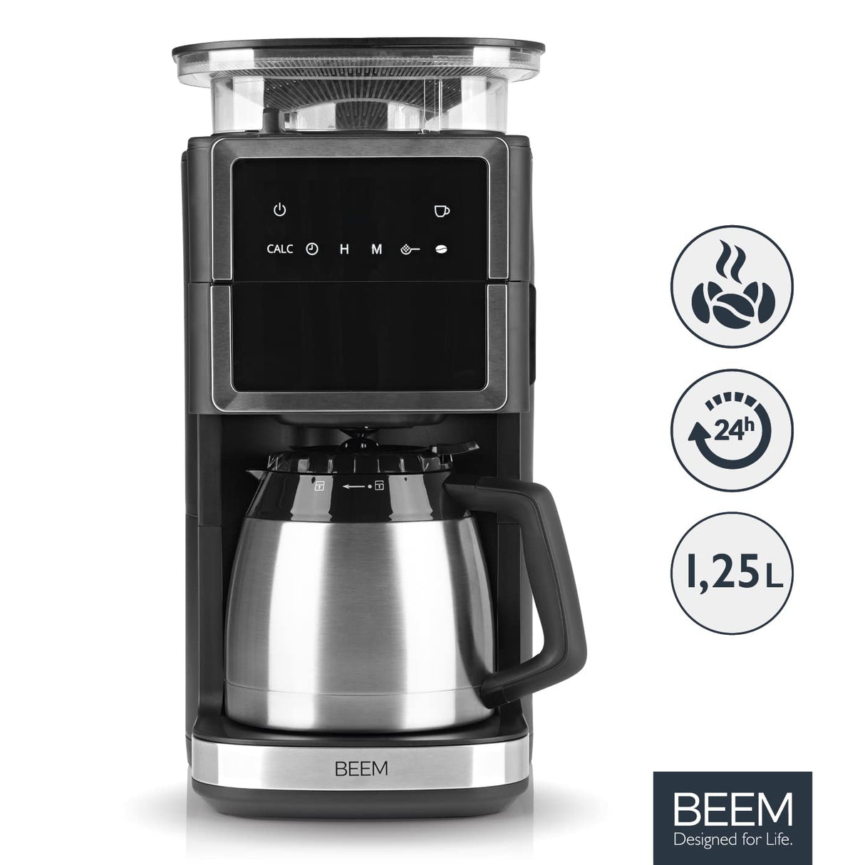 BEEM Cafetera de filtro Fresh Aroma-PERFECT III con mecanismo de molienda, térmica, de acero inoxidable, jarra aislante, mecanismo cónico y Aroma-Plus, filtro permanente, temporizador 24 h, 10 tazas