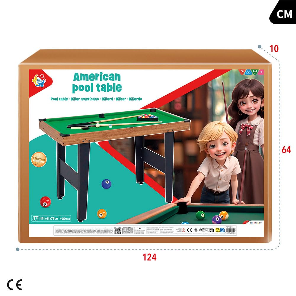 ColorBaby 85434 Mesa de Billar Americano para niños y Adultos, 121x61x70 cm, De Madera Resistente, Incluye 2 Tacos, 16 Bolas, 1 Tiza, 1 Cepillo y 1 triángulo, 2-4 Jugadores, 6 años y mas