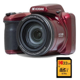 KODAK Pack Bridge Digital Pixpro Astro Zoom AZ405 + Tarjeta SDHC Kodak Ultra High Speed U1 32GB - Cámara Digital 20 Megapíxeles, Zoom 40X, Gran Angular, LCD, Video Full HD 1080p, OIS, Pilas AA - Rojo