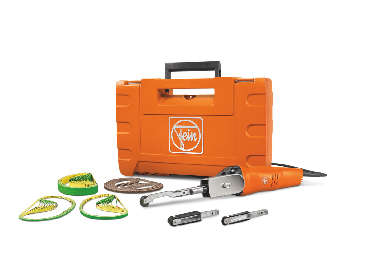 FEIN Set START Lijadora de cinta BF 10-280E para esquinas y cantos en el tratamiento de acero inoxidable, Veloc. en vacío 10 000-28 000 1/min., Cinta 520 x 3/6/20 mm. Velocid.de cinta 12-32 mt/sec