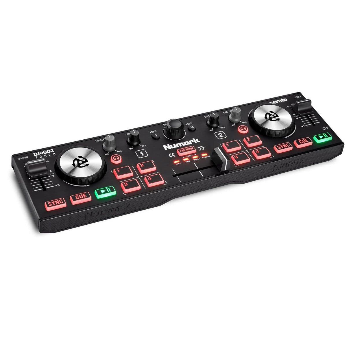 Numark DJ2GO2 Touch Controlador DJ USB Compacto de 2 Canales para Serato DJ Con Mezclador Crossfader, Interfaz de Audio y Jog Wheels de Sensibilidad Táctil