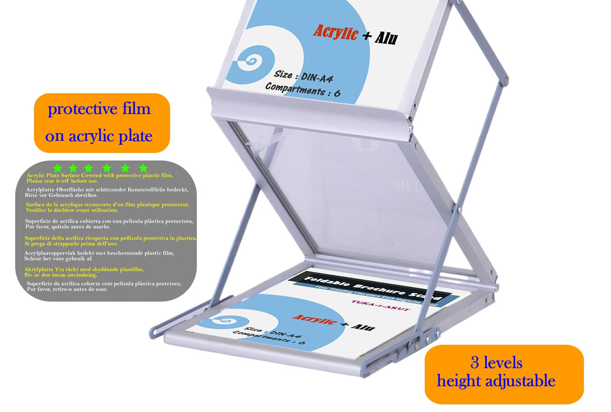 TUKA-i-AKUT A4 Expositor Plegable de Folletos, Aluminio/Acrílico Soporte de Suelo, Incluido Estuche de Transporte, para Literatura Folletos Revistas Catálogos, 6 Bolsillos Exhibición, TKD8430-A4-Sa