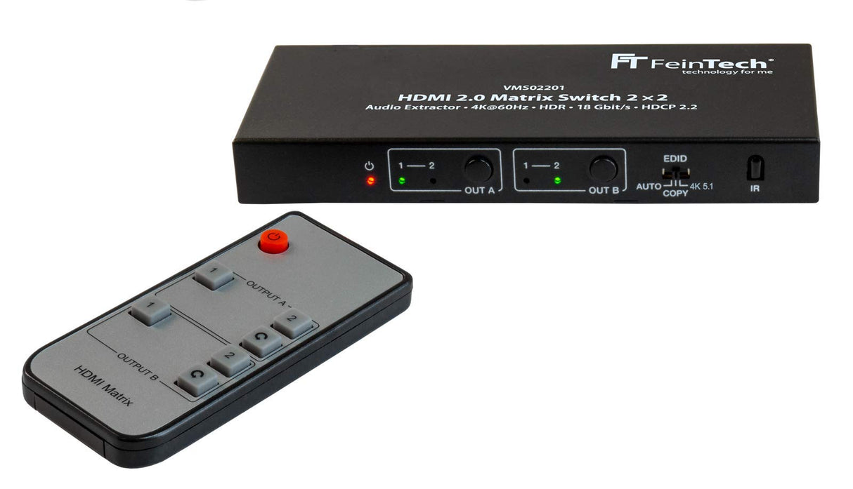 FeinTech VMS02201 Matrix Switch 2x2 Conmutador HDMI 2.0 (2 entradas, 2 Salidas, con Extractor de Audio, 4 K, HDR, SPDIF)