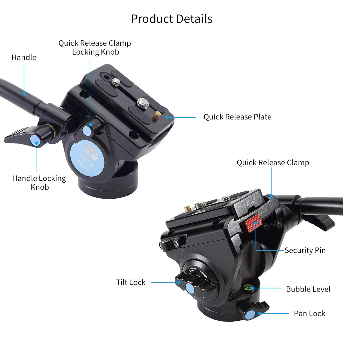 SIRUI Fluid Cabeza de vídeo con la Placa de liberación rápida de Carga máxima de 3 kg 360 Grados Arca Suizo Compatible (AM-5V)
