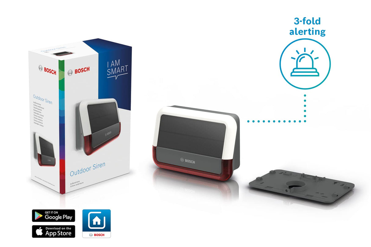 Bosch Smart Home Sirena Exterior, un Sistema de Alarma inalámbrico con Panel Solar, le avisará Mediante notificaciones, Blanco