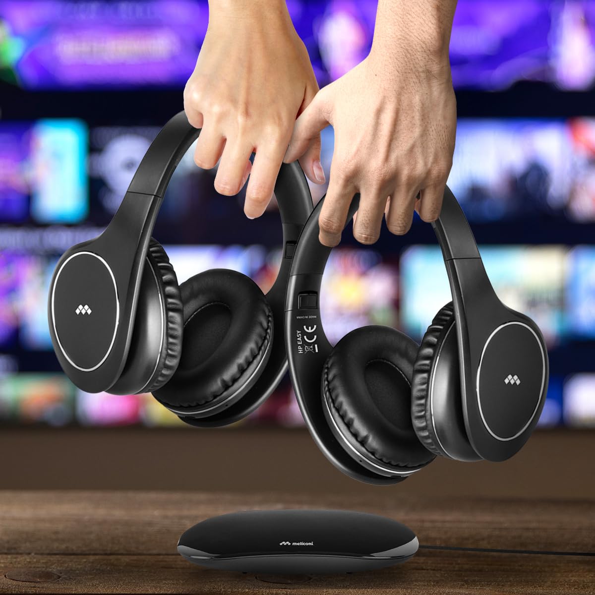 Meliconi Auriculares Easy Digital Bundle, 2 auriculares de TV estéreo inalámbricos, 100% digitales, con entrada de audio analógica/digital y base de transmisor dimensional negro