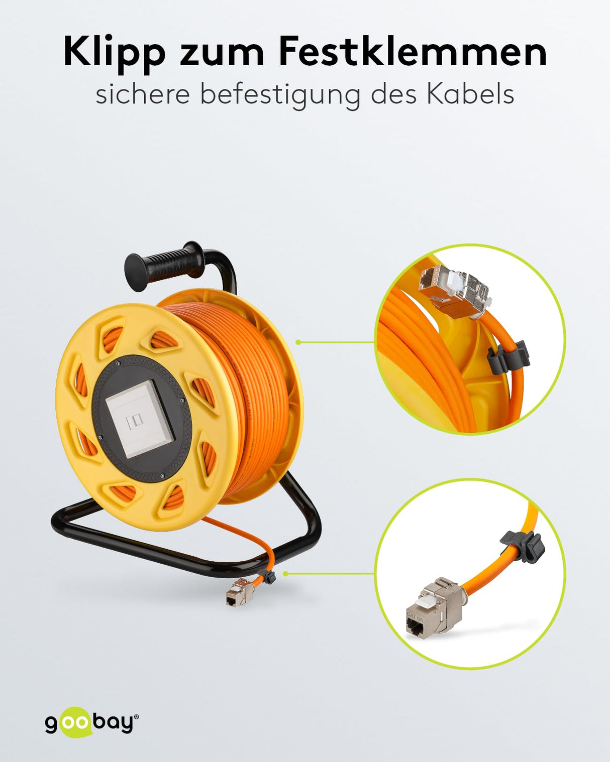 goobay 58934 Carrete de Cable de Red móvil Cat 7A S/FTP Incl. Conector RJ45 Keystone, apantallado en 2 Pliegues, sin halógenos, 1000MHz, 90m, Naranja