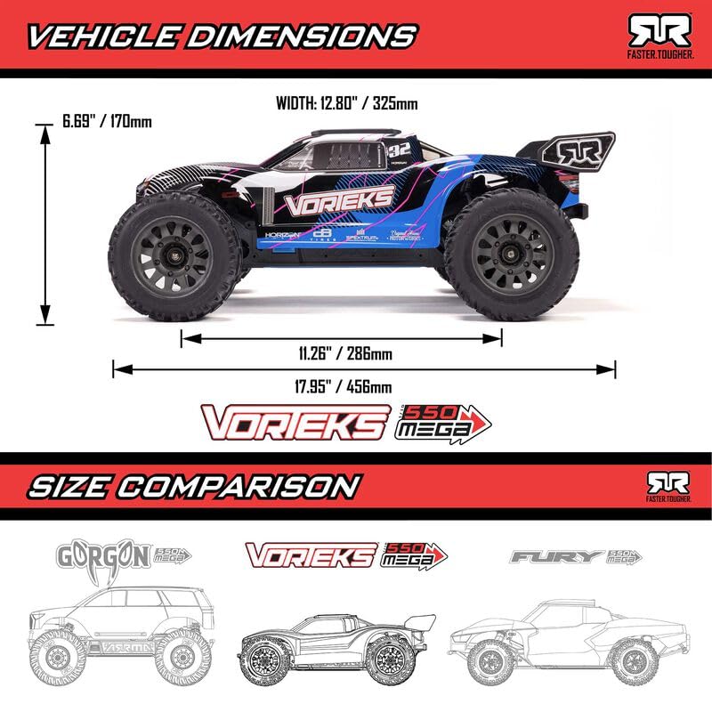 ARRMA VORTEKS Mega 550 2WD Coche teledirigido 1/10, Stadium Truck, más de 30 km/h, actualizable, Incluye Accesorios, Azul, ARA3205T1