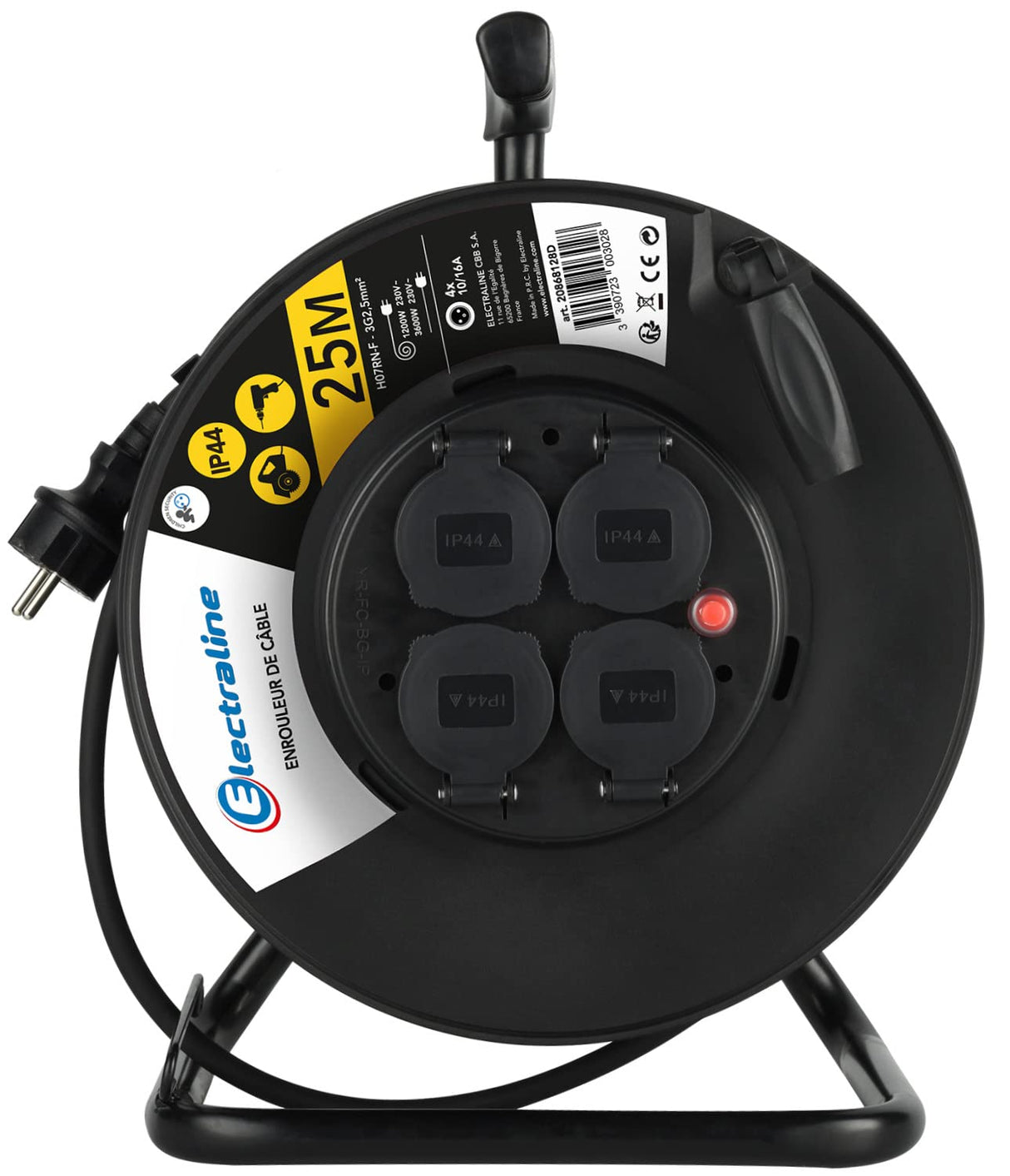 Electraline 20868128D - Prolongador eléctrico (IP44 profesional (25 m, con enrollamiento), color negro