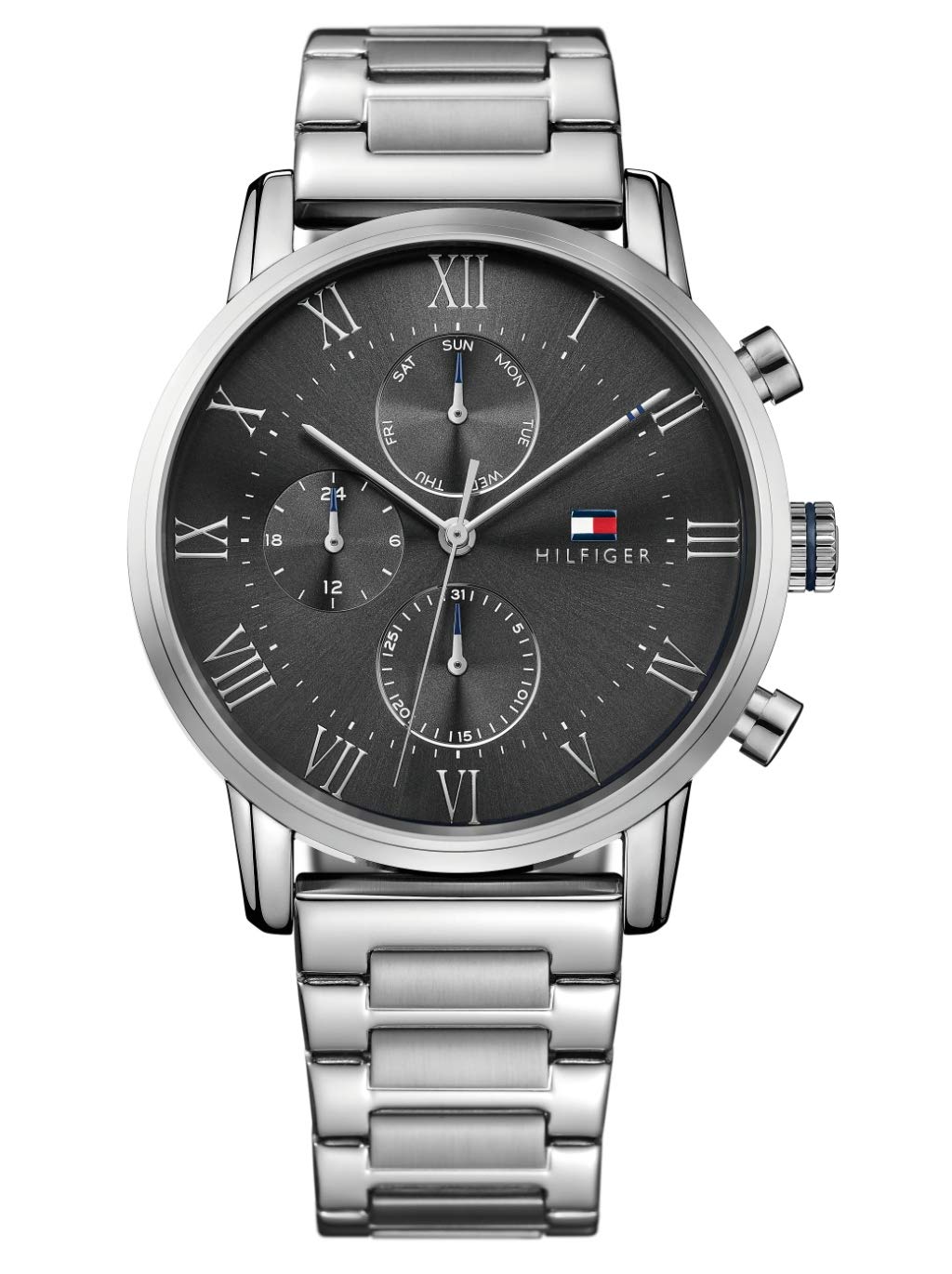 Tommy Hilfiger Reloj de Cuarzo Analógico Multifunción para Hombre de 44mm - Esfera Gris, Pulsera de Acero Inoxidable Plateado, 3 Subesferas, Resistencia al Agua 3ATM - 1791397