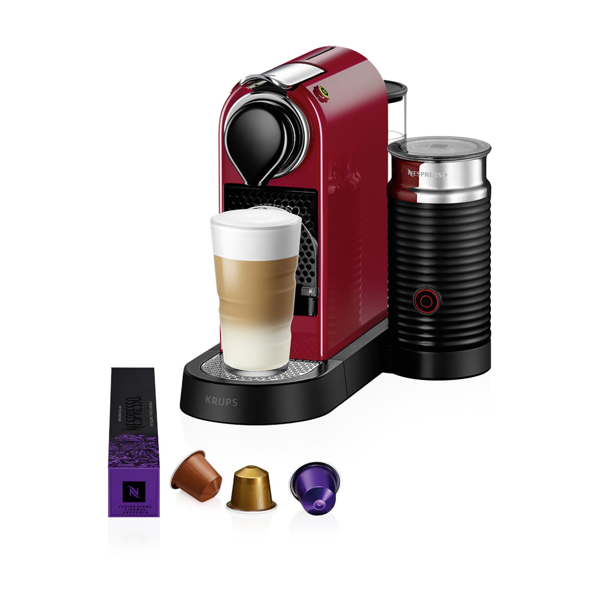 Krups Nespresso Citiz & Milk XN7615 - Cafetera de cápsulas monodosis, con 19 bares de presión, thermoblock, capacidad 1L, función automática, con Aeroccino, color Rojo, incluye pack de bienvenida