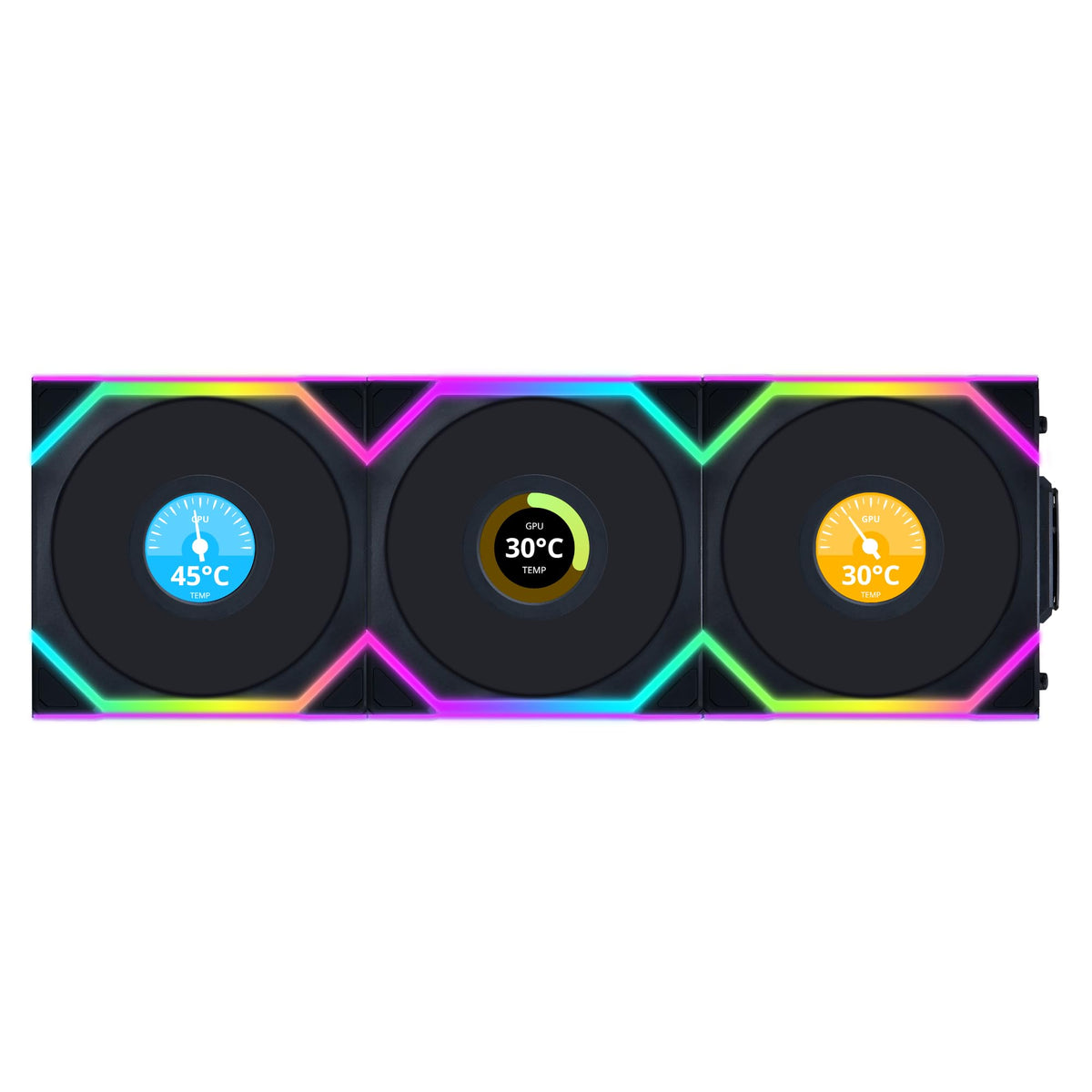 Lian Li UNI FAN SL-INF - Paquete de 3 ventiladores de refrigeración inalámbricos RGB PWM de 120 mm con pantalla LCD, color negro, rendimiento y estética sin costuras, tecnología PWM silenciosa