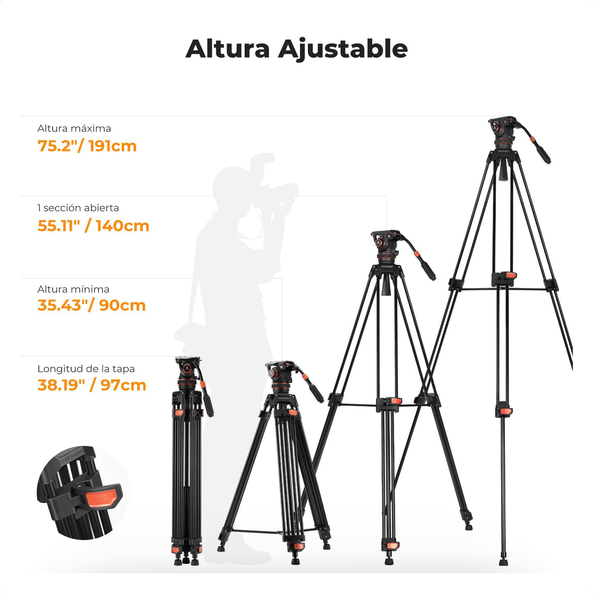 K&F CONCEPT 75"/ 191cm Trípode Video VA3+BV60, Trípode de Aleación de Aluminio Resistente con 360° Cabezal de Fluido, Compatible con Canon Nikon Sony y Otras, Carga hasta 22lb/10kg