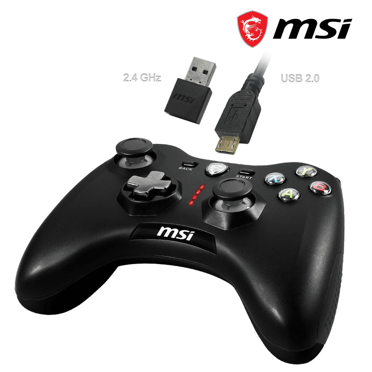 MSI FORCE GC30 V2 Controlador Gamepad Inalámbrico para PC - 2.4 GHz, Batería 600mAh Li-ion, Cubiertas D-Pad Intercambiables, 2 Motores de Vibración, USB 2.0 - Con Cable/Inalámbrico