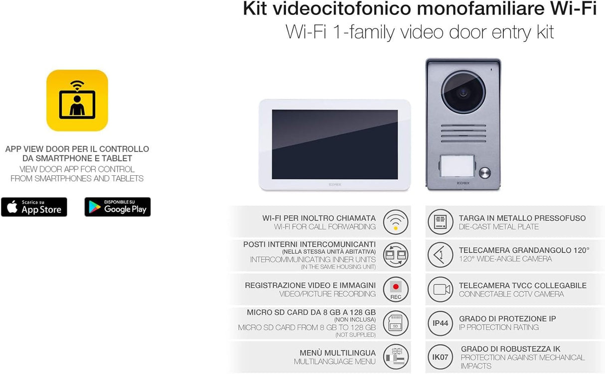 Vimar K40955 Kit videoportero de superficie para 1 familla con: videoportero Wi-Fi táctil LCD 7in altavoz, placa audio/vídeo de 1 botón, alimentador, con estribos de fijación, Blanco