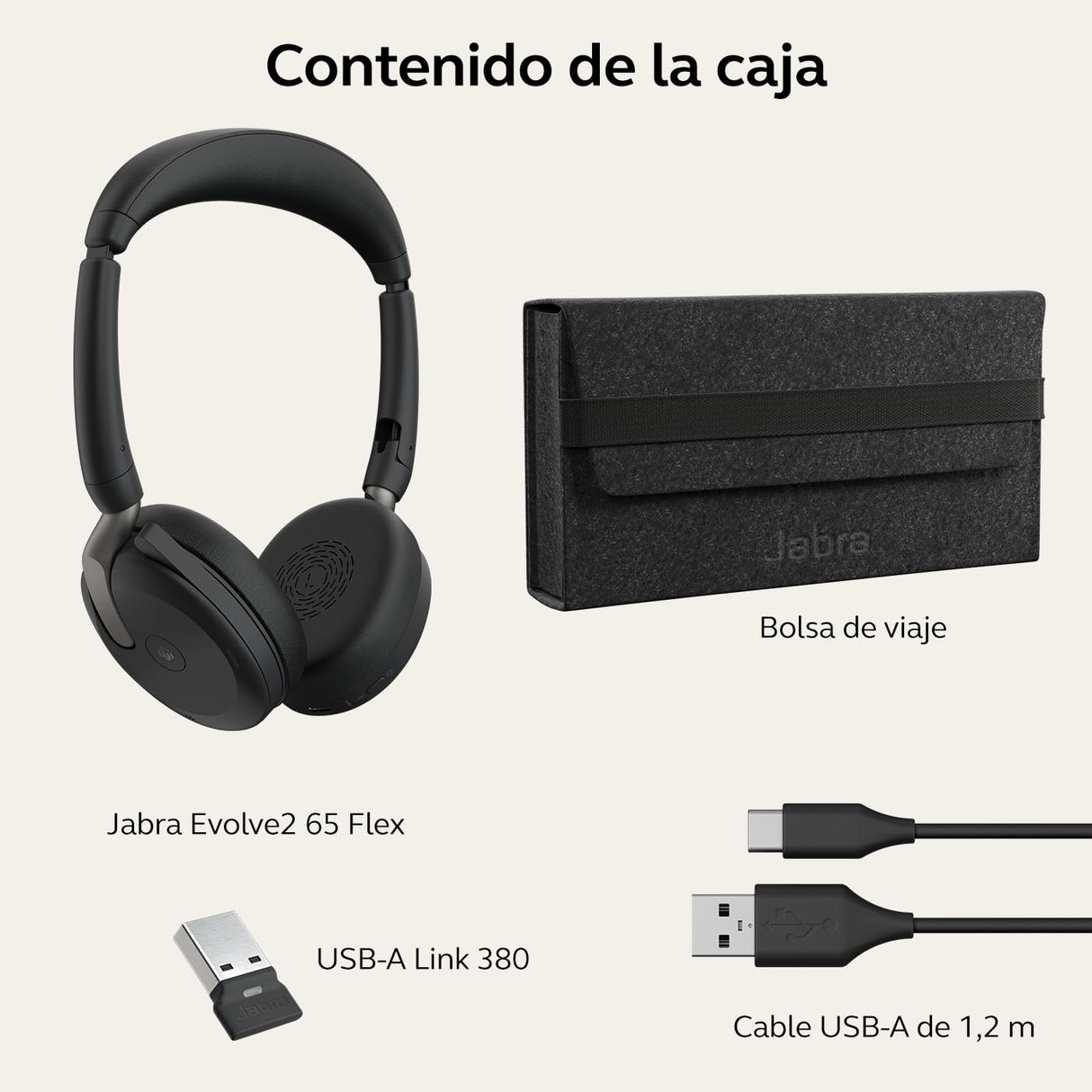 Jabra Evolve2 65 Flex Auriculares Estéreo Inalámbricos con Bluetooth, Tecnología ClearVoice con Cancelación de Ruido y ANC Híbrido, Certificados para MS Teams, Negro