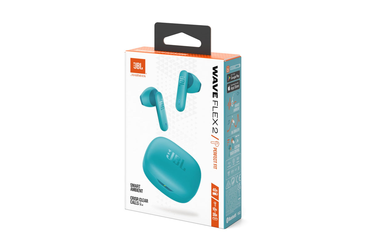 JBL Wave Flex 2, Auriculares inalámbricos True Wireless, Bluetooth, autonomía de hasta 40 hrs, Sonido Pure Bass, Smart Ambient, Resistentes al Agua y al Polvo, conexión multipunto, Azul