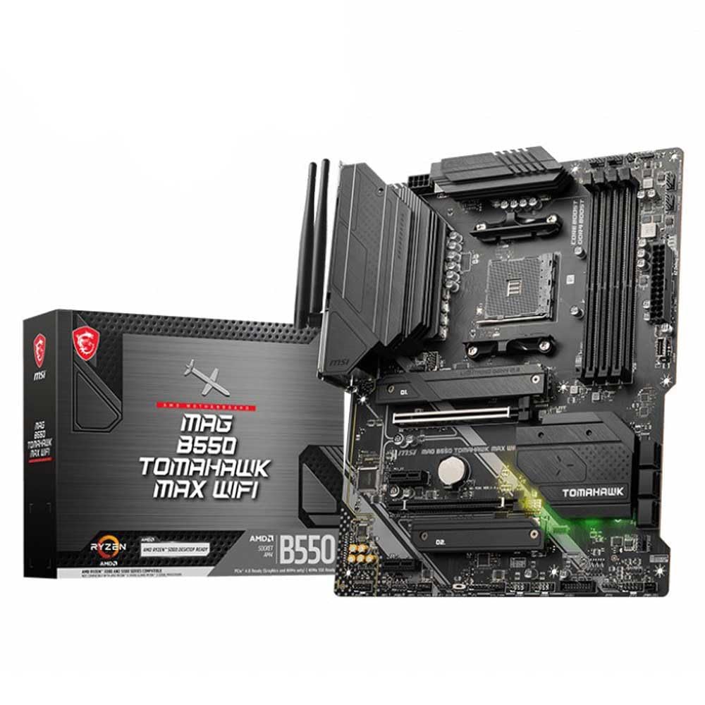 MSI MAG B550 TOMAHAWK MAX WIFI Placa Base, ATX, AM4 - Compatible AMD Ryzen 5000 - DDR4 Boost 5100+MHz/OC, PCIe 4.0 & 3.0 x16 Ranuras, M.2 Gen4 & Gen3 Ranuras, 2.5G LAN, Wi-Fi 6E, Bluetooth 5.2