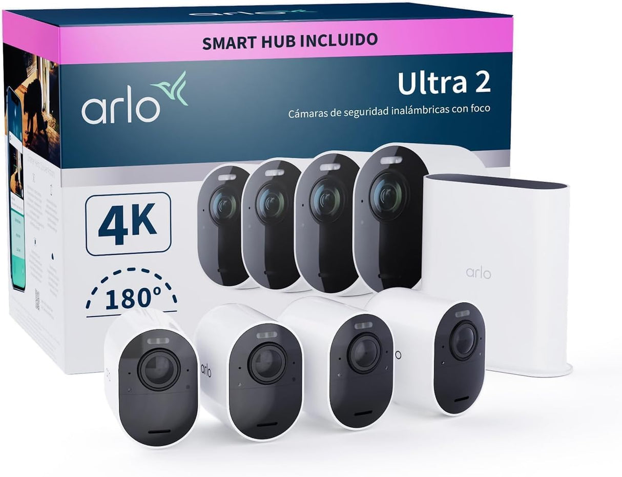 Arlo Ultra 2 Camara de Vigilancia WiFi Exterior 4K, Camara de Vigilancia WiFi Interior, Sensor de Movimiento, Alarmas Para Casa, Visión Nocturna Color, Prueba Arlo Secure Incluida , 4 Cámaras, Blancas