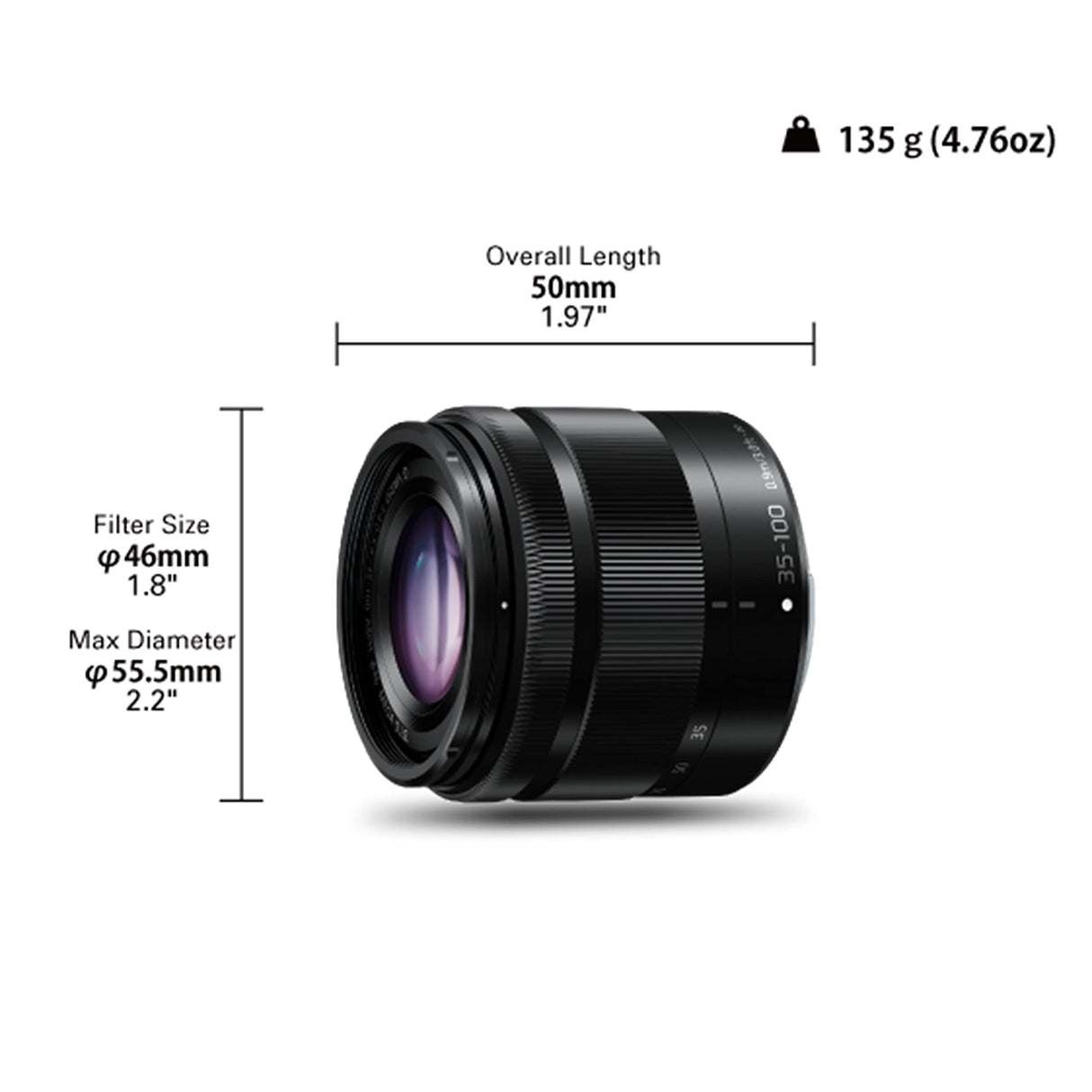 Panasonic LUMIX H-FS35100 - Objetivo Tele Zoom para cámaras de montura M4/3 (Focal 35-100 mm, F4-F5.6, tamaño filtro 46 mm, MEGA O.I.S), negro