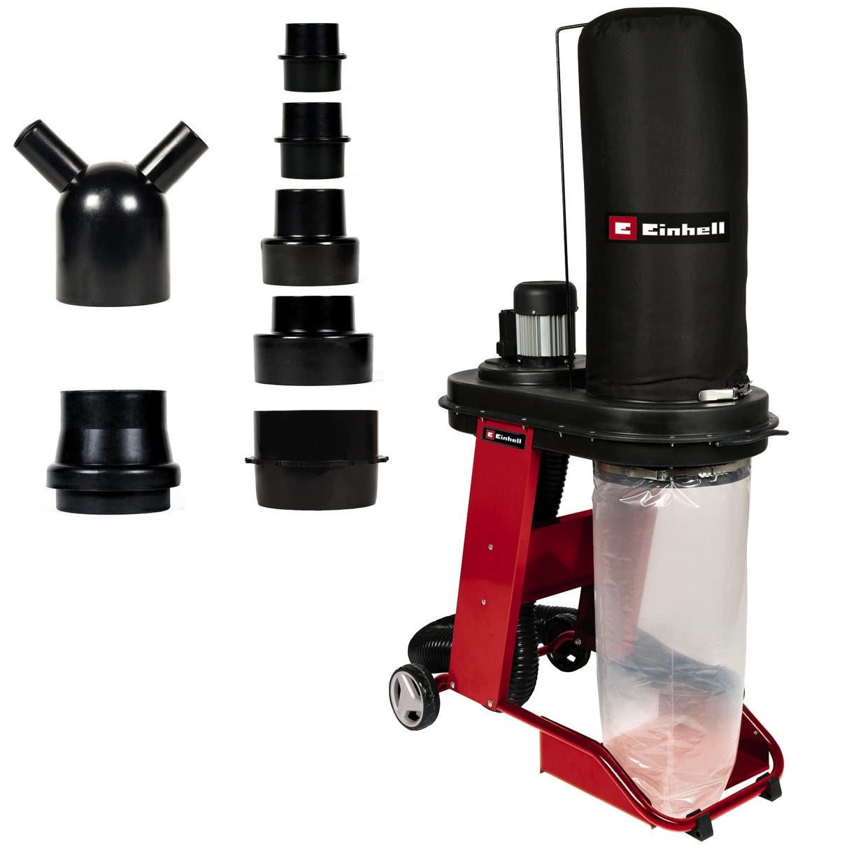 Einhell Aspirador TE-VE 550/1 A (550 W, enchufe Automático 2500 W, manguera de aspiración de 250 cm y Ø 100 mm, 2 adaptadores de aspiración 36 mm, Liberación Rápida para Bolsa de Recolección 65 L)