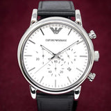 Emporio Armani Reloj Hombre, Movimiento cronógrafo de cuarzo, caja de 46mm Plata / Acero inoxidable con correa de piel, AR1807, Blanco hueso y tono plata
