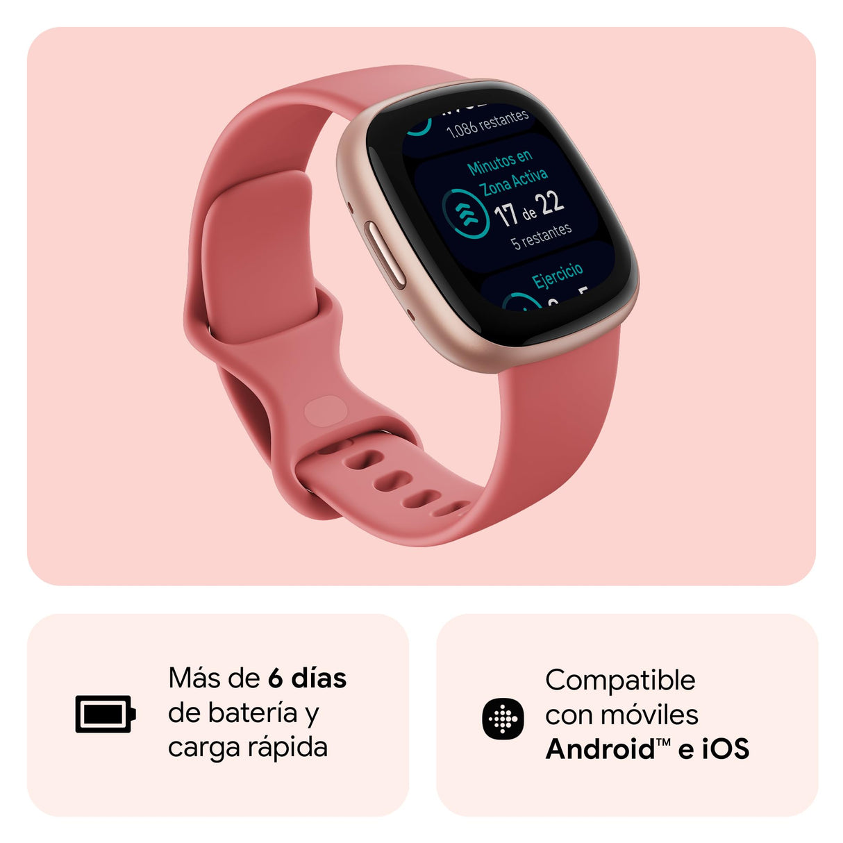 Fitbit Versa 4,Pink Sand/Copper Rose Smartwatch, Unisex-Adult, Rosa Arena/Aluminio Rosa cobrizo, One Size