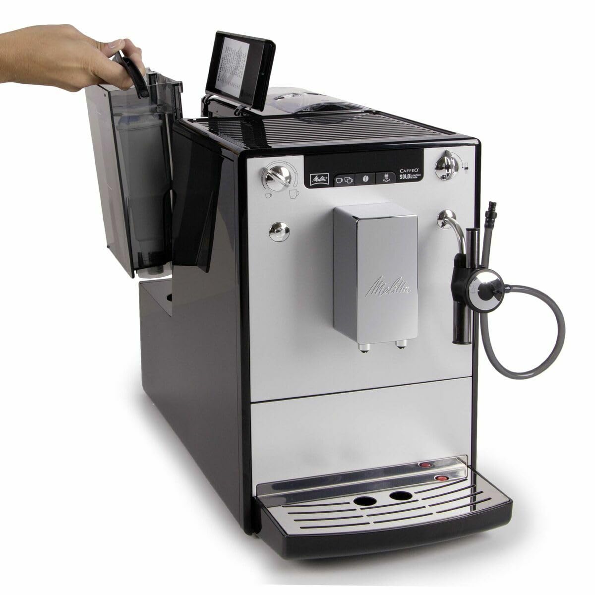 Melitta Solo&Perfect Milk E957-203, Cafetera Superautomática con Molinillo, Auto Capuchinador, 15 Bares, Café en Grano, Limpieza Automática, Personalizable, Plata