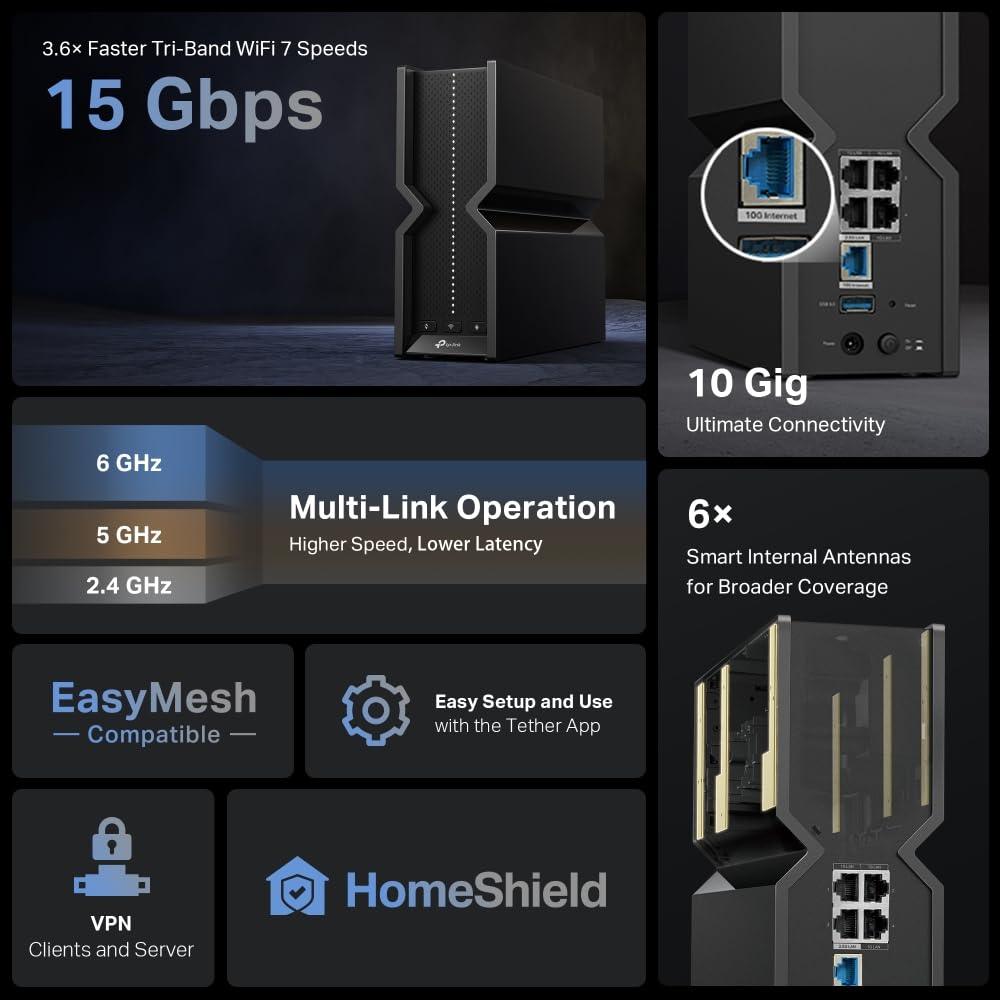 TP-Link Archer BE700，Router Wi-Fi 7: tribanda, 10G, Baja latencia, Cobertura Total y conexión masiva，Compatible con EasyMesh