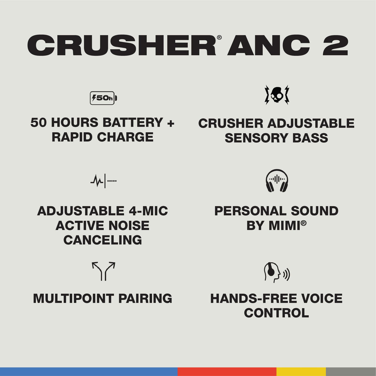Skullcandy Crusher ANC 2 Cascos Over-Ear Inalámbricos con Cancelación de Ruido y Sensory Bass, 50 h de Autonomía, Skull-iQ, con Alexa Habilitada, Compatibles con Dispositivos Bluetooth - Negro
