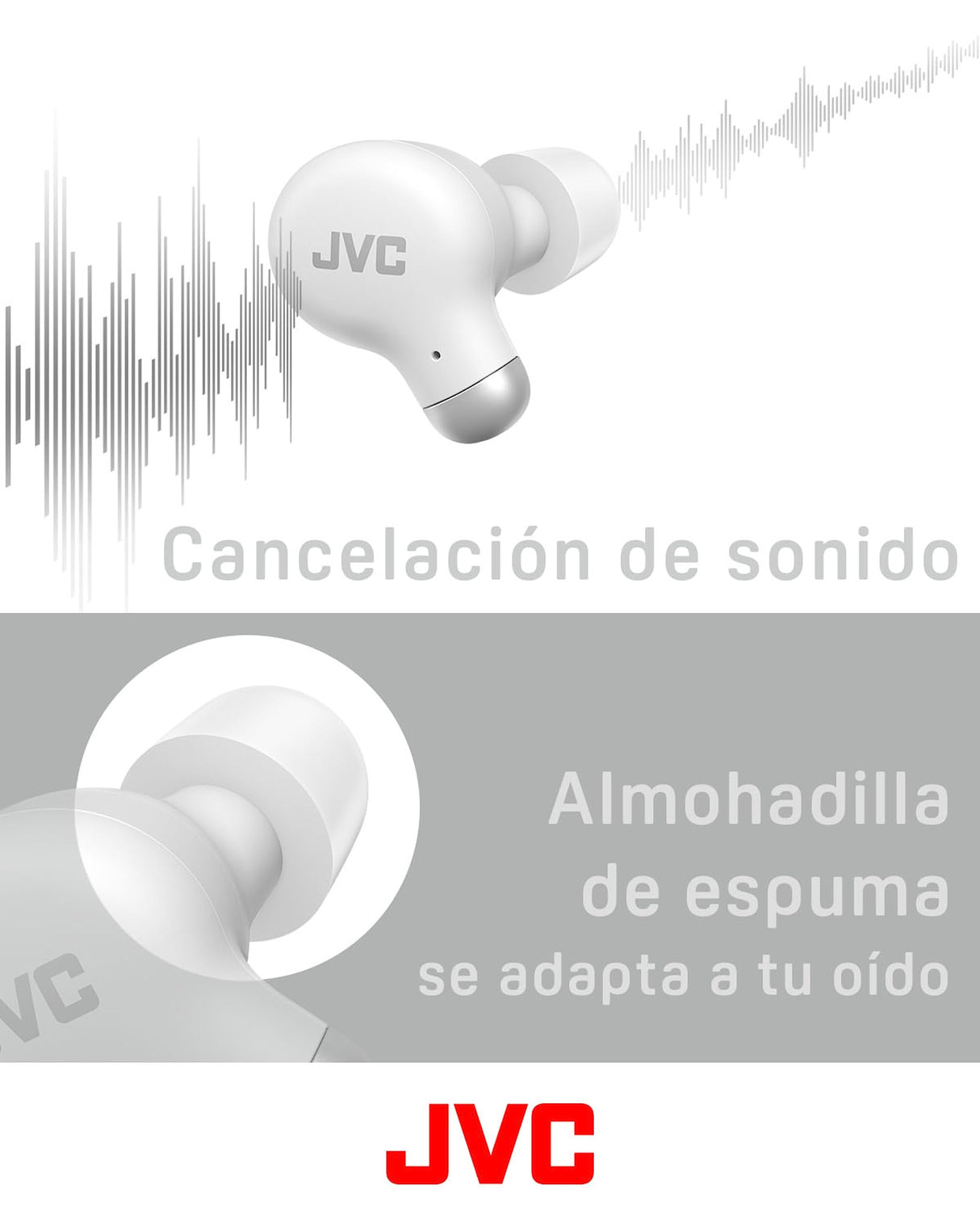JVC HA-Z250T - Auriculares Inalámbricos con Bluetooth 5.3, 28 Horas de Batería, Certificación IPX4, Solo 5,1g de Peso, Cancelación de Ruido, 3 Pares de Almohadillas de Silicona y 2 de Espuma, Blanco