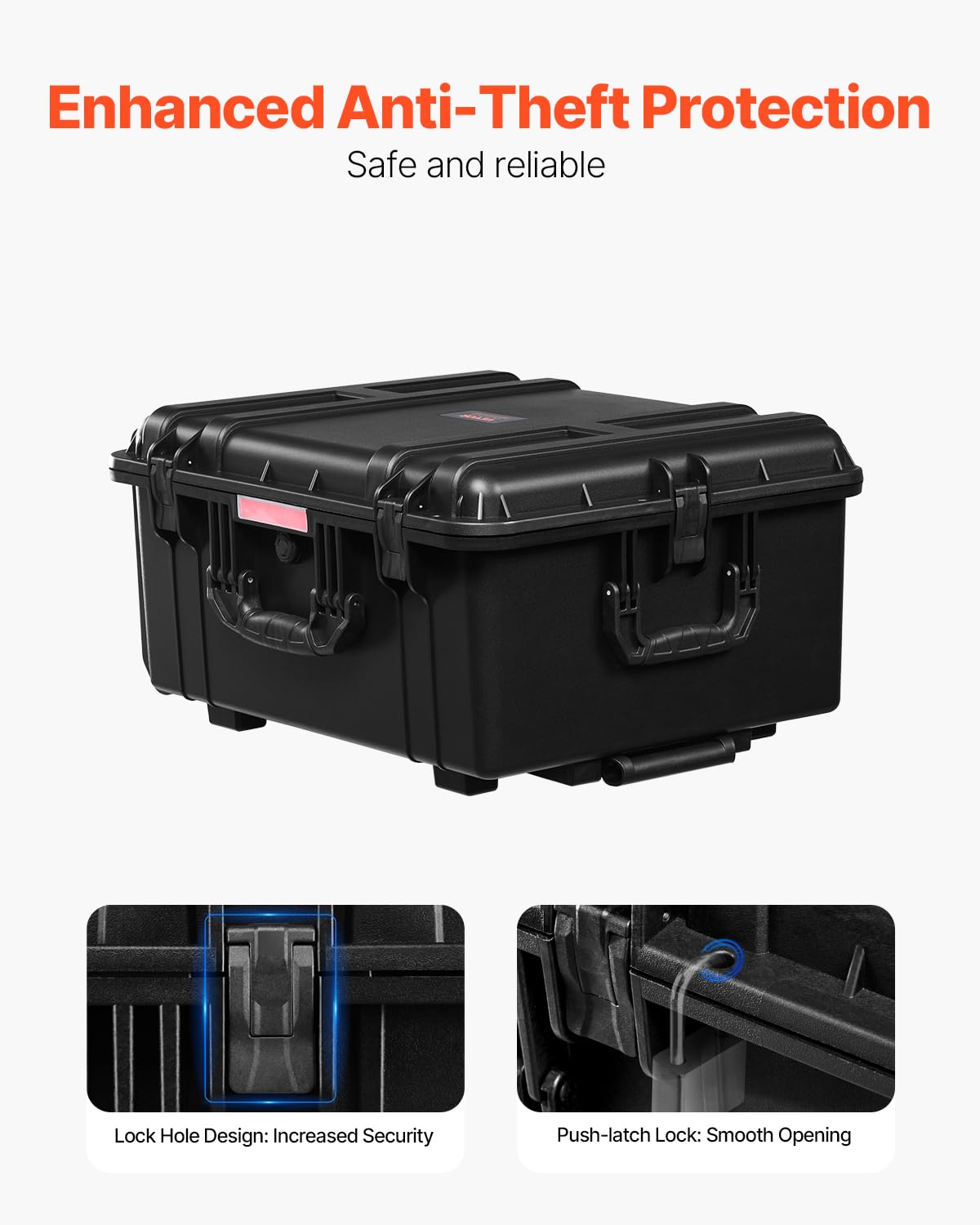 VEVOR Estuche Rígido Impermeable de 630 x 500 x 318 mm con Ruedas Giratorias y Manija Retráctil, Estuche Protector Impermeable IP67 con Clips, Orificios para Candado y Espuma Insertada, Negro