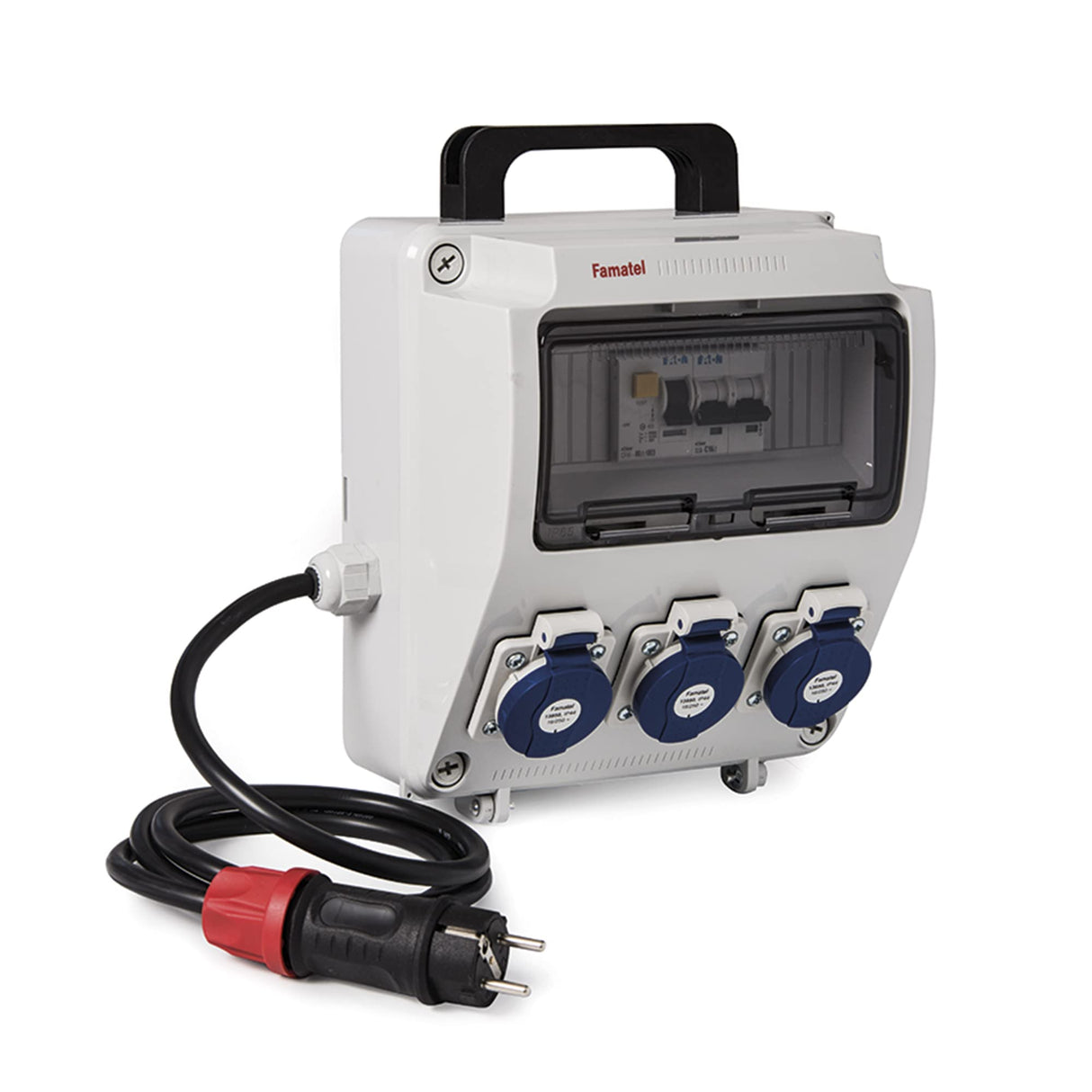 FAMATEL – Caja industrial precableada | IP44 | Con asa | 3 tomas | 2P+TTL | 16A | 250V Diferencial con magnetotérmico | Cable 1,5 m | 3 x 2,5