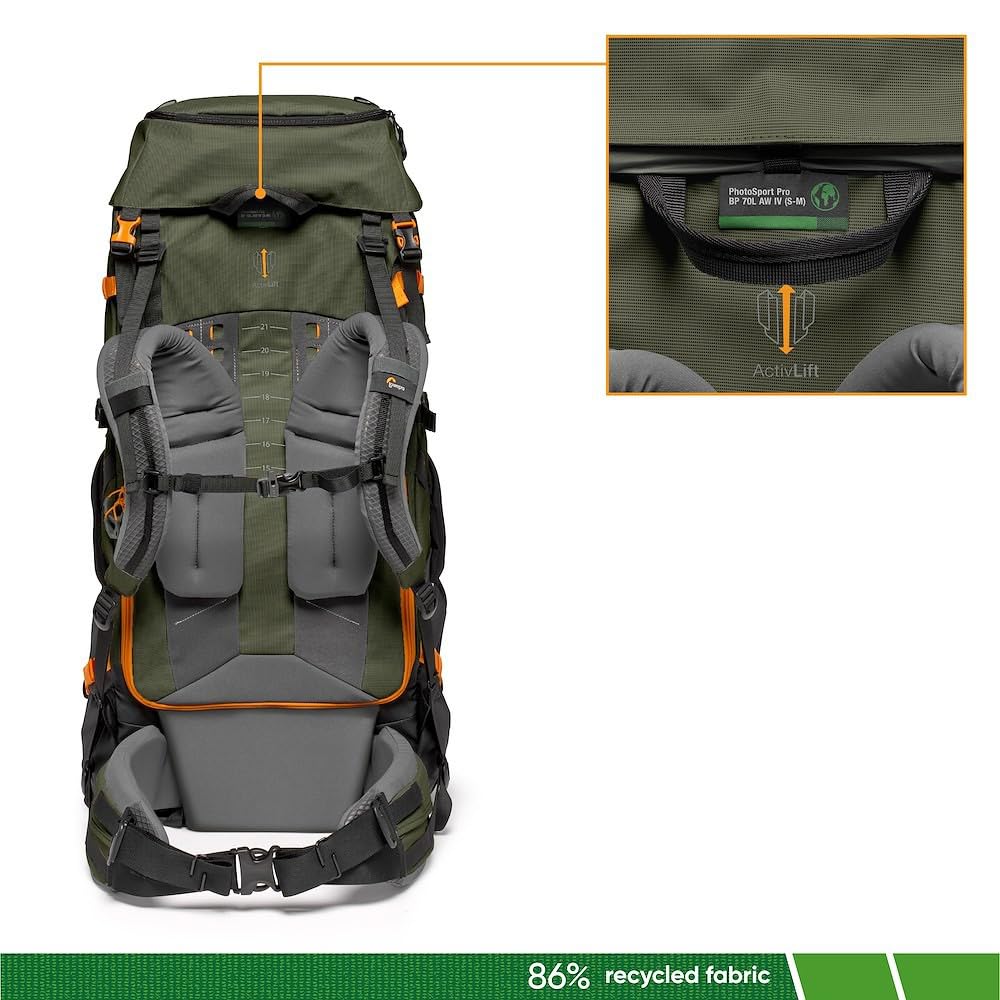Lowepro PhotoSport PRO BP 70L AW IV - Mochila para cámaras réflex sin espejo, acceso delantero/trasero, compartimento extraíble para cámara, correas para accesorios, talla S/M, gris oscuro/verde