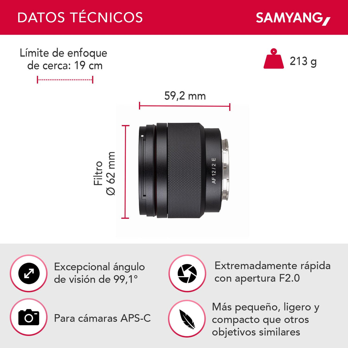 Samyan gAF F2.0 E + estación de Lente para Sony E – Autofocus APS-C de Gran Angular para Sony E Mount APSC, Color Negro