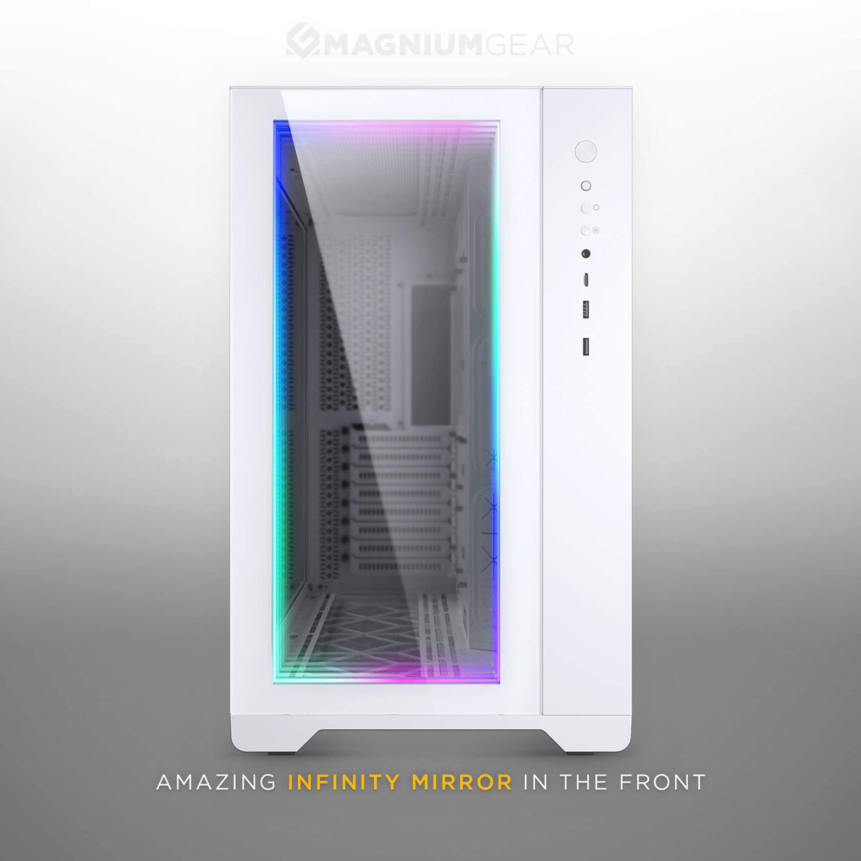 Magniumgear Neo Qube 2 IM, Doble cámara ATX Mid-Tower, Digital-RGB Infinity Mirror Frontal Panel, Tempered Glass Panels, Blanco