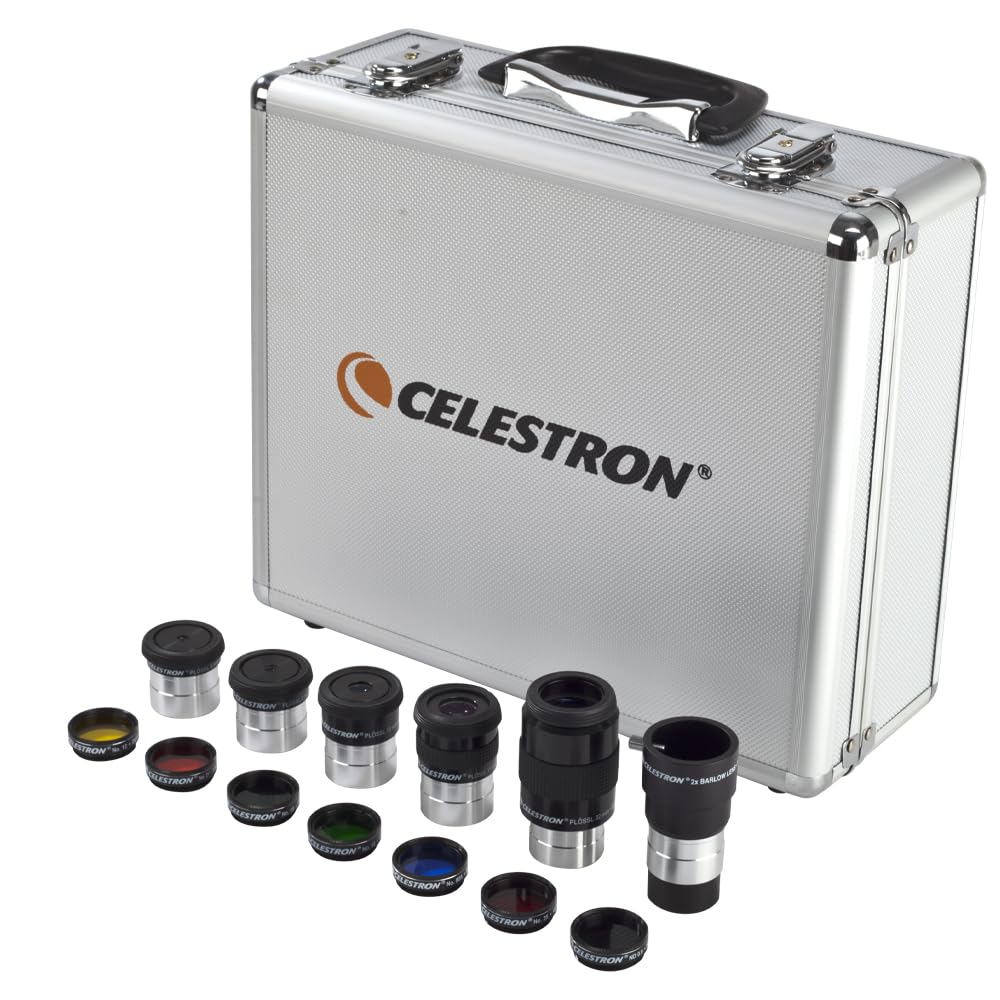 Celestron 94303 Kit Ocular y Filtro de 1.25 Pulgadas, Incluye 14 Piezas en Funda de Transporte con Revestimiento de Espuma metálica, Plateado